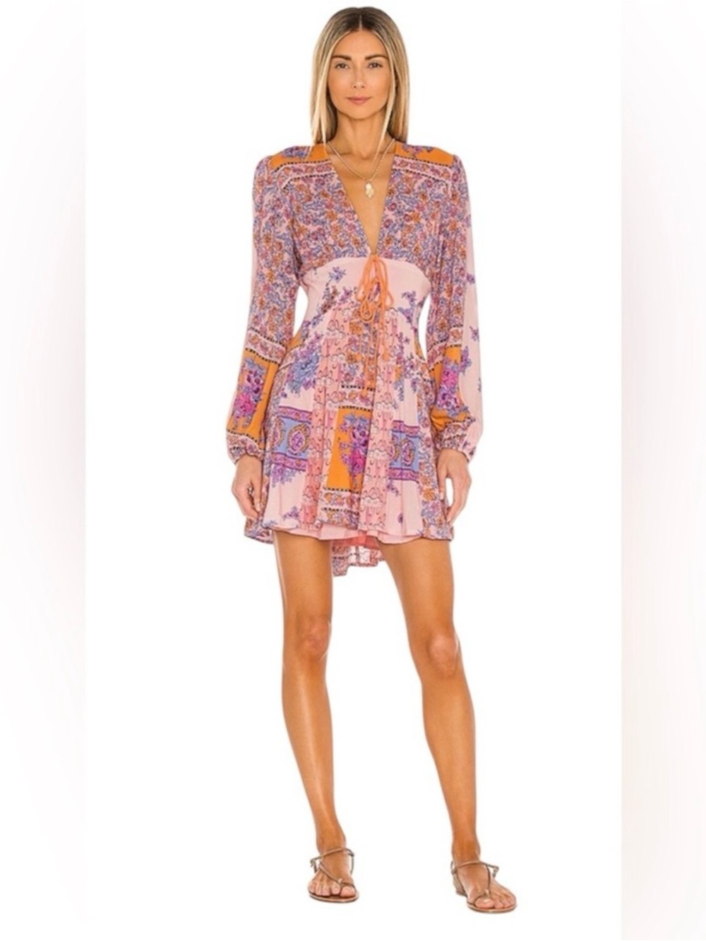 Free People Womens Medium Floral Mixin It Up Mini Dress Long Balloon Sleeve Boho